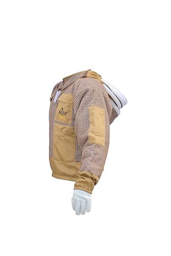 3 Layer Bee Jacket with Fencing Veil and One Pair Gloves Ventilated Sting Proof Beekeeping Jacket for Beekeepers - color: Khaki, size: Medium