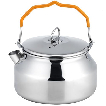 Camping Kettle Tea Pot, 1.4L Portable 304 Stainless Steel Coffee Kettle, Food Grade with Large Opening & Heat-Resistant Handle, Works on Gas, Induction, Open Flame, Electric Stove, Silver