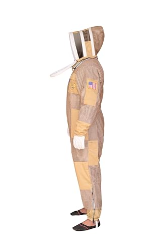 3 Layer Bee Suit with Fencing Veil One Pair Gloves Sting Proof Ventilated Beekeeping Suit - color: Khaki, size: Large