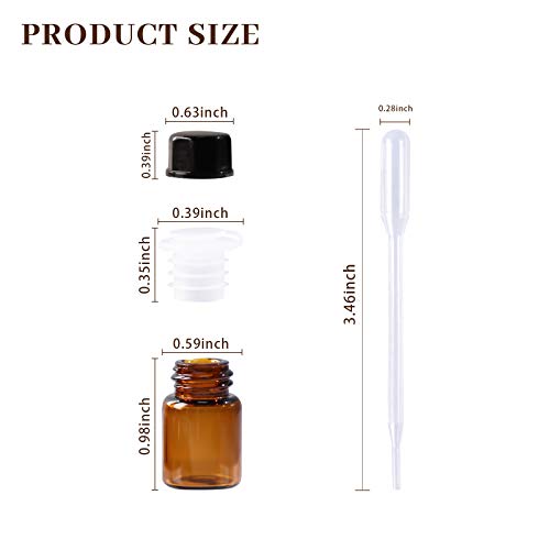 100 Pack 2ml (5/8 Dram) Amber Mini Glass Essential Oils Sample Bottles with Black Caps for Essential Oils, Perfumes & Lab Chemicals (30ml Measuring Cup and 5 Droppers Included)