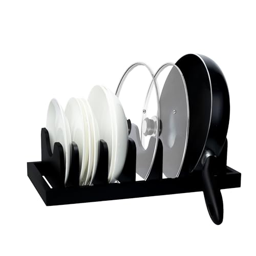 MinBoo Bamboo Pot Lid Organizer Pot Lid Holder, Pot and Pan Organizer Drawer Organizer for Pot Lids, Pans, Cutting Boards & Baking Sheets, Dinner Plates, Reusable Containers in Cabinet Storage,Black - color: Black