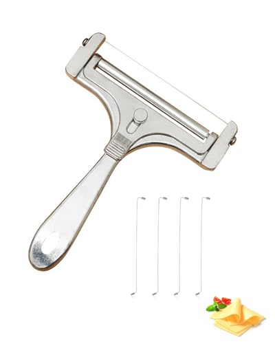 Stainless Steel Wire Cheese Slicer, Adjustable Thickness Handheld Cheese Cutter with 4 Extra Wires for Mozzarella, Cheddar, Gruyere, Raclette