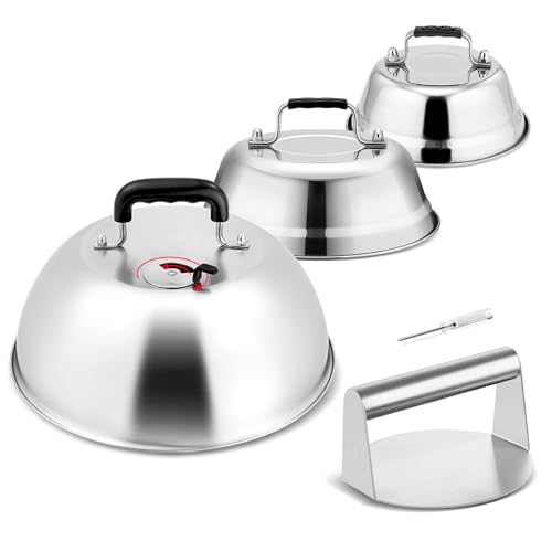 3Pcs Basting Cover & Smash Burger Press, Leonyo 12"- 9"- 6.5" Cheese Melting Dome, Stainless Steel Bacon Press Griddle Dome Steam Lids Smash Burger Kit for Kitchen, BBQ Flat Top Grill, Teppanyaki