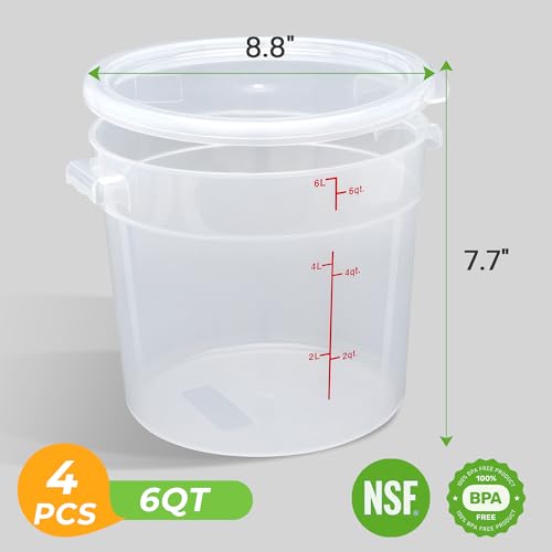 BIEAMA 4 Pack 6 Qt Round Food Storage Containers with Lids, Translucent PP | Include lids, labels, measuring cups and containers with capacity markings for food prep, pantry storage and dough proofing. - color: 6Qt Round-4 Pack