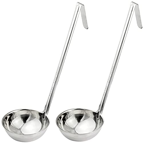 Fit Meal Prep Stainless Steel Soup Ladle - One-Piece Sauce Spatula with Hook Handles, Commercial Grade Serving Spoon, Kitchen Tool for Restaurant or Home Cooking, 14.75” Long - [Pack of 2] 12 Oz - size: 12 oz