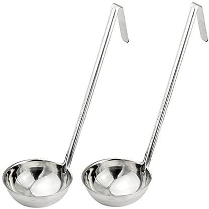 Fit Meal Prep Stainless Steel Soup Ladle - One-Piece Sauce Spatula with Hook Handles, Commercial Grade Serving Spoon, Kitchen Tool for Restaurant or Home Cooking, 14.75” Long - [Pack of 2] 12 Oz - size: 12 oz