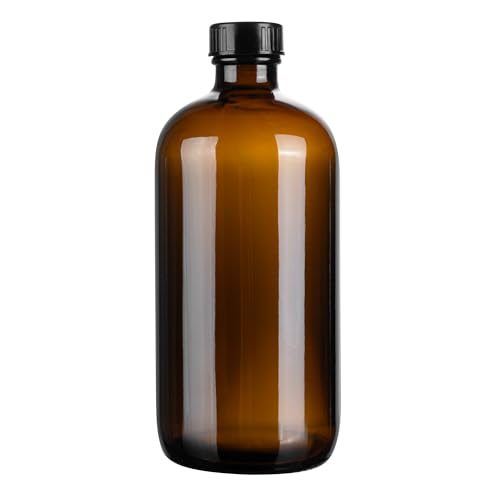 Restaurantware Vetri 16 Ounce Boston Glass Bottles, 12 Bottles With Black Phenolic Caps - Dishwashable, Round, Amber Glass Bottle, For Secondary Kombucha Fermentation, Homemade Essential Oils - color: Amber, size: 16 Ounces