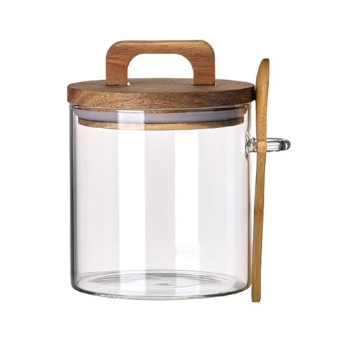 Coriario 24 OZ Glass Jar with Wooden Lid and Spoon Airtight Glass Sugar Container Wide Mouth Clear Glass Coffee Storage Canister for Food Tea - color: clear handle-24oz