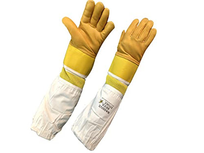 Massive Bee Cowhide Beekeeping Ventilated Cowhide Leather Gloves Yellow Rubber Cuff Then Yellow Mesh with Off white jeans - color: Simple Gloves, size: X-Small