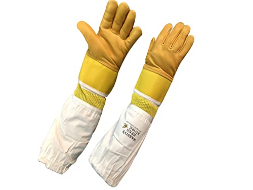 Massive Bee Cowhide Beekeeping Ventilated Cowhide Leather Gloves Yellow Rubber Cuff Then Yellow Mesh with Off white jeans - color: Simple Gloves, size: XX-Large