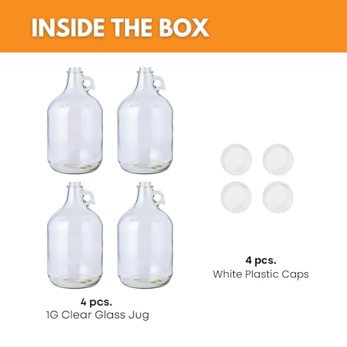 Fastrack 4-Pack 1 Gallon Glass Jug (128 oz) with White Plastic Caps – Multipurpose 1 Gallon Jug, & Detergent Dispenser for Laundry, Glass Jar for Liquids, Water & Juice - style: 4 Pack