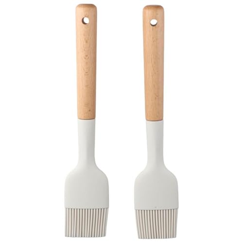2Pcs Silicone Oil Brush with Wooden Handle,Durable Basting Brush Pastry Brush,Easy to Clean,White Food Brushes for Cooking Baking Grilling