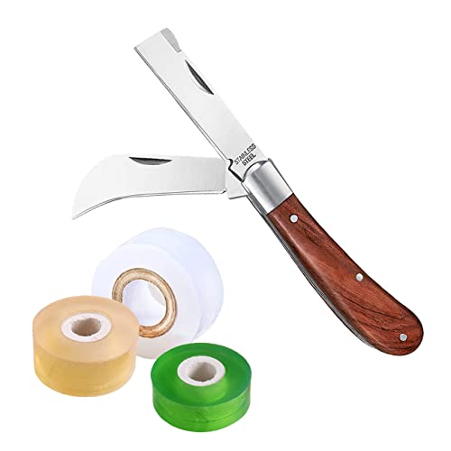 Double Blades Garden Knife for Budding Pruning with 3 Rolls Grafting Tape, Flexible Grafting Kit for Floral Fruit Tree