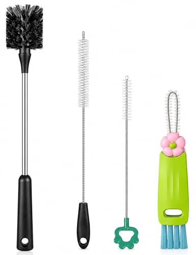 [4 Pack] Bottle Brush, 15 Inches Stainless Steel Long Handle Baby Bottle Scrub Cleaning Brushes with Straw & Lid Brushes for Sports Water Bottle, Cups, Coffee Mugs, Glasswares - size: 4