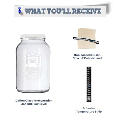 Printed Kombucha Jar Kit - 1 Gallon Glass Jar for Brewing Kombucha - Brew Notes Printed On Jar - Includes Muslin Cover, Rubber Band, & Marker - Lid Included for Storage - Perfect Home For Your SCOBY