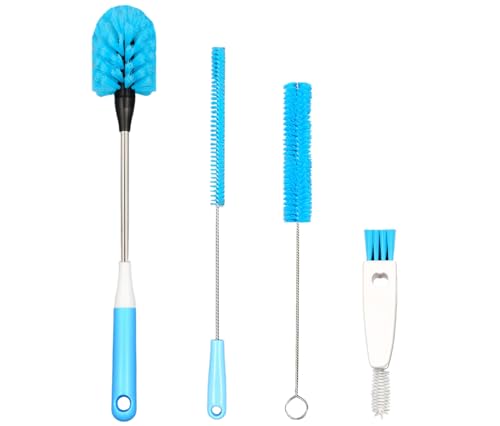 4-in-1 Bottle Brush, Long Handle Water Bottle Brush & Straw Cleaner Brush, Lid Brushe, for Cleaning Water Bottle, Flask, Wine Decanters, Coffee Mugs,Baby Bottles - color: 4pcs/Blue