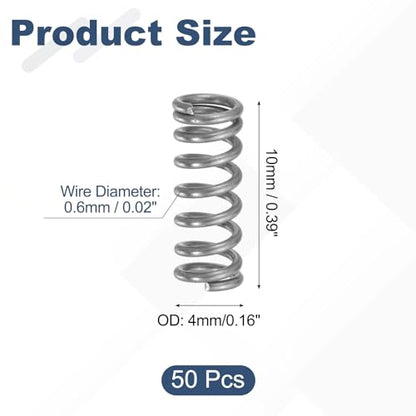 uxcell 50Pcs 304 Stainless Steel Compression Springs, 0.5mm x 4mm x 10mm Small & Tiny Pen Spring for Home Repair & DIY, Workshop & Industrial Use, (Silver Tone) - size: 4mmx10mm
