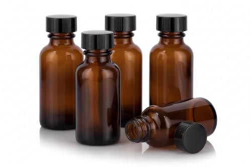 1 oz / 30 ml Amber Glass Boston Round Bottle with Airtight Phenolic Cap (6 Pack) + Funnel