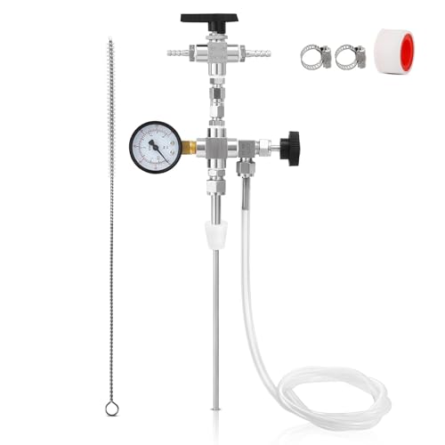 Counter Pressure Bottle Filler Stainless Steel Bottle Filler Counter Pressure Beer Bottling Wand 60psi CO2 Gauge 1/4 & 5/16 Barb Homebrew Beer Bottle Filler Hand Held Bottle Filler 3ft Hose - size: WITH gauge