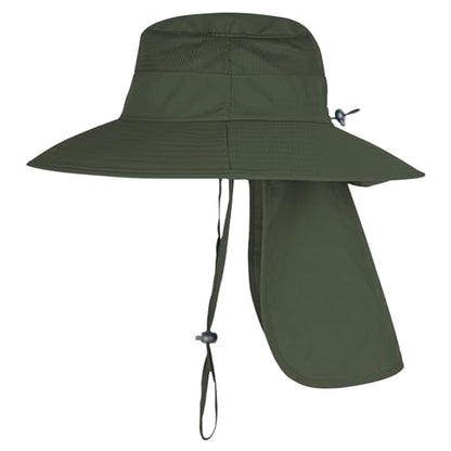 Sun Hats for Men Women Fishing Hat UPF 50+ Breathable Wide Brim Bucket Hats Summer UV Protection Safari Hat with Neck Flap - color: Army Green