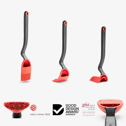 Dreamfarm Brizzle 3-In-1 Flexible Silicone Sit-Up Basting, Drizzle, Scooping Brush with In-Built Sauce Resevoir - Red | Sit-up, mess-free BBQ and pastry brush, flexible bristles, scoop and drizzle baster, holds 1 tbsp of liquid - color: Red