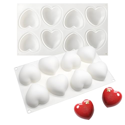 3D Silicone Heart Shaped Molds, 8-Cavity Baking Molds for Candy, Chocolate, Jelly, Cookie, Cupcake and Cake Decoration, 11.61 x 6.89 x 1.38 inches - color: White-R0002