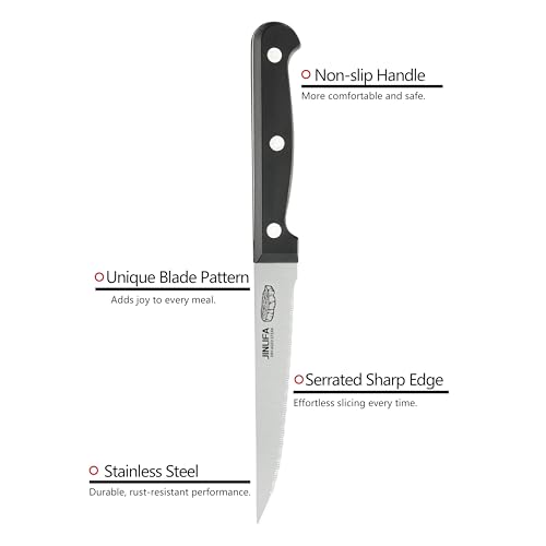 Steak Knives Set of 6, Stainless Steel Serrated Steak Knife Set (Unique Pattern on Each Blade)