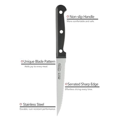 Steak Knives Set of 6, Stainless Steel Serrated Steak Knife Set (Unique Pattern on Each Blade)