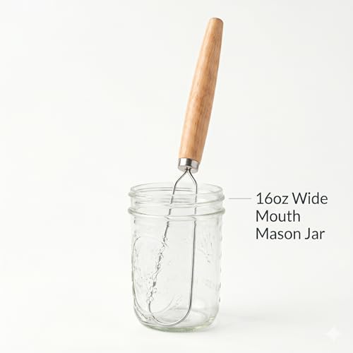 Jar Whisk | Stainless Steel with Wooden Handle | For Sourdough Starter, Peanut Butter, Almond Butter, Cashew Butter, Protein Shakes, Tahini, Yogurt, Sauces, Jams and Jellies, Honey and Pancake Batter - size: 5.5 inches Whisk Head, 13 inches total