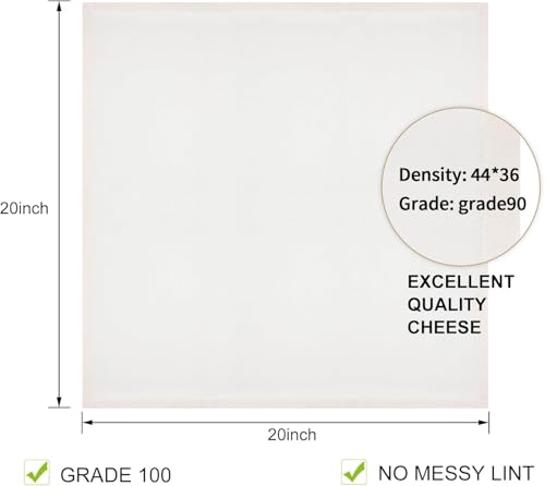 Reusable Cheesecloth, 20x20 Inch Hemmed Kitchen Strainer Fabric for Cooking, Baking, Juicing & Cheese Making – 100% Cotton Unbleached, Dense and Washable