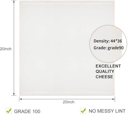Reusable Cheesecloth, 20x20 Inch Hemmed Kitchen Strainer Fabric for Cooking, Baking, Juicing & Cheese Making – 100% Cotton Unbleached, Dense and Washable