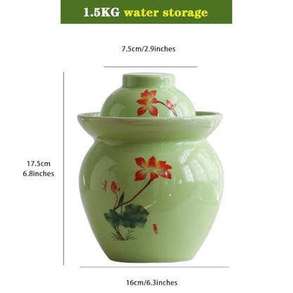 Lotus Pattern Fresh Kimchi Jar, Double Lid Design Fermentation Crock, Traditional Water-Sealed Pickling Tank, High Temperature Ceramic Material(1.5kg/52.9oz) - size: 1.5kg/52.9oz