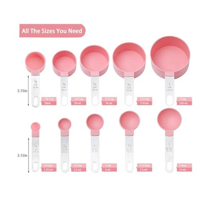 10Pcs Measuring Cups & Spoons Set, Stackable Cups and Spoons, Nesting Measure Cups with Stainless Steel Handle, Kitchen Gadgets for Cooking & Baking (Pink) - color: Pink