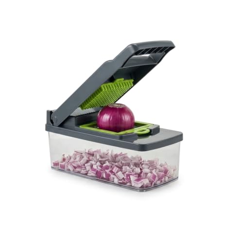 Vegetable Chopper with Container - 14-in-1 Onion Chopper, Food Chopper Dicer & Mandoline Slicer, Manual Veggie Cutter with 8 Stainless Steel Blades, Garlic Mincer, Cheese Grater, Egg Slicer & Hand Gua