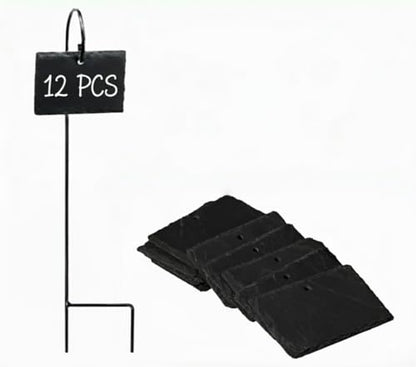 Leaf & Living Stone Plate Label for Plants, 12 pcs Natural Stone Plates, Black Stainless Steel Hangers, Weatherproof and Rust-Free, White Permanent Marker (12 Labels & Hangers) - size: 12 Labels & Hangers Plus Marker