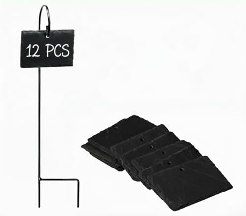 Leaf & Living Stone Plate Label for Plants, 12 pcs Natural Stone Plates, Black Stainless Steel Hangers, Weatherproof and Rust-Free, White Permanent Marker (12 Labels & Hangers) - size: 12 Labels & Hangers Plus Marker