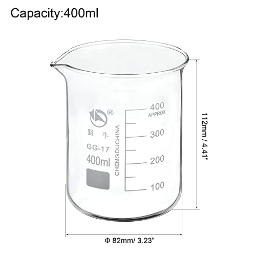 PATIKIL 400ml Low Form Glass Beaker, 3.3 Borosilicate Glass Graduated Printed Scale Measuring Cups with Spout for Kitchen Lab Liquids Transit Boiling - size: 400ml