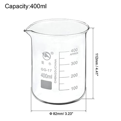 PATIKIL 400ml Low Form Glass Beaker, 3.3 Borosilicate Glass Graduated Printed Scale Measuring Cups with Spout for Kitchen Lab Liquids Transit Boiling - size: 400ml