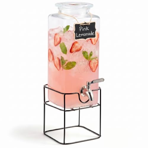 Kook Glass Drink Dispenser, with Stand, 1 Gallon, Serves 15 Cups, Leak-Proof Stainless Steel Spigot, Beverage Storage for Fridge, for Water, Iced Tea, Sangria, Lemonade, 1 Gallon - size: 1 Gallon with stand