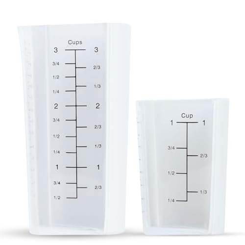 Plastic Measuring Cups Set of 2 (1 Cup & 3 Cup with Oz & mL Markings) | Tall, Thin, No Handle, Non-Slip Grip, Narrow V Shaped Angled Silicone Pouring Spout, Easy Read Measurements, Dishwasher-Safe