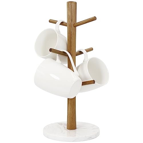 Buruis Wood Mug Holder, Marble Base Cup Rack Tree, Mug Stand Hanger, Kitchen Coffee Tree Countertop Tea Holder Stand, Coffee Cup Dryer with 6 Hooks (Round Base White) - color: Round Base White