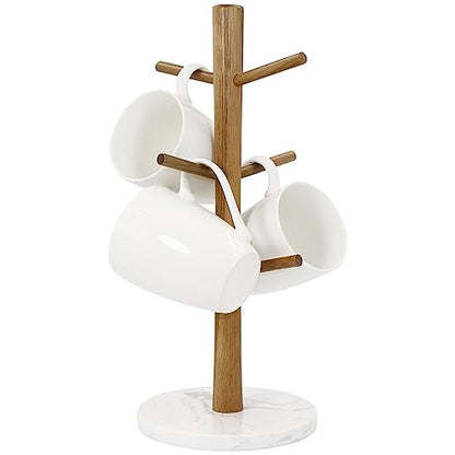 Buruis Wood Mug Holder, Marble Base Cup Rack Tree, Mug Stand Hanger, Kitchen Coffee Tree Countertop Tea Holder Stand, Coffee Cup Dryer with 6 Hooks (Round Base White) - color: Round Base White