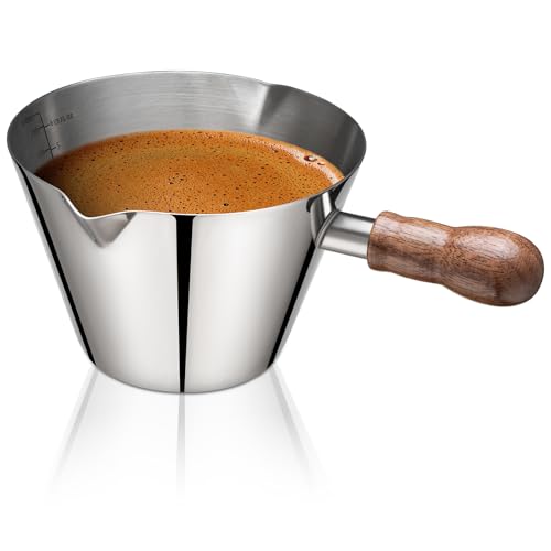 Amrules Espresso Cup, 6.8 oz/200 ml Stainless Steel Coffee Shot Measuring Cup with Wood Handle, Double V-Shaped Mouth and Clear Scale for Cappuccino Barista Coffee Bar Accessories, Silver - color: Silver, size: 6.8 Ounces
