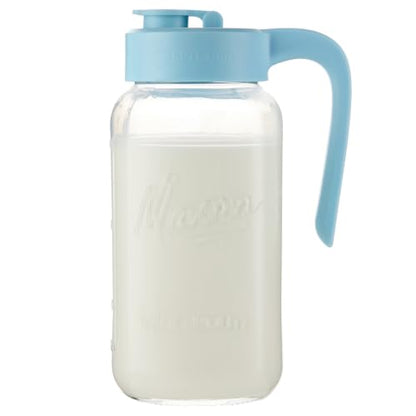Mason Jar Pitcher - Airtight & Leakproof Glass Pitcher with Lid, Perfect for Breastmilk, Cold Brew, and Sun Tea, 2 Quart (64 oz) Mason Jar with Pour Spout Lid - color: Sky