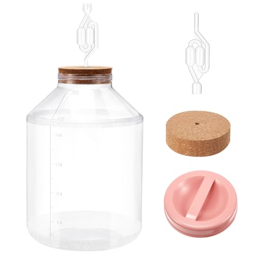 Ziliny 5 Gallon Plastic Wide Mouth Carboy with 1 Wooden Drilled Corks, Airlock, and Lid, PET 5 Gallon Water Jug Jar with Volume Markings for Beer Wine Brewing Fermentation Making Equipment