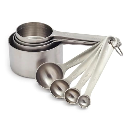 Sur La Table Stainless Steel Measuring Cups & Spoons Set – 8-Piece Kitchen Baking Tool Set with Nesting Design, Easy-Open Ring, Space-Saving Storage – Sizes from ¼ tsp to 1 cup