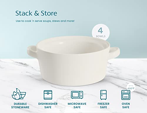 KooK Ceramic Soup Crocks, 18 oz, Set of 4, Matte White | Stackable Bowls, Broil Safe, Oven Safe, Microwave Safe, Dishwasher Safe - color: Matte White