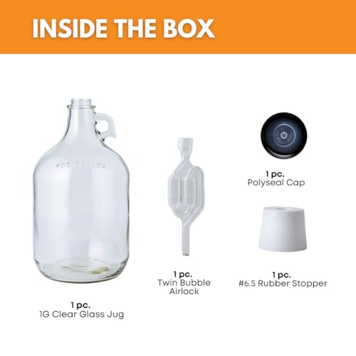 FastRack 1 Gallon Glass Jug with Black Polyseal Caps, 6.5G Rubber Bungs & Twin Bubble Airlocks – Fermentation Jars for Home Brewing, Clear Glass Fermenter Containers for Liquid Fermentation