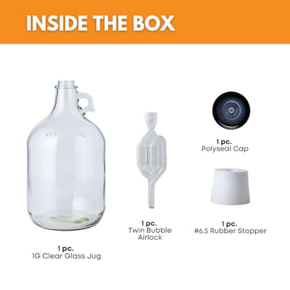 FastRack 1 Gallon Glass Jug with Black Polyseal Caps, 6.5G Rubber Bungs & Twin Bubble Airlocks – Fermentation Jars for Home Brewing, Clear Glass Fermenter Containers for Liquid Fermentation