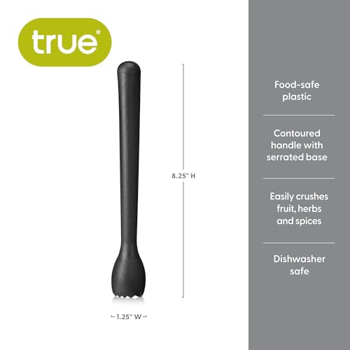 True Bash Muddler for Cocktails, Fruits, Spices, Herbs, Bar Muddler for Mojitos, Mint Juleps, Old Fashioneds, Kitchen and Home Bar Accessories, Bartender Tools, Lemon & Lime Smasher, 8.25", Black - color: Black